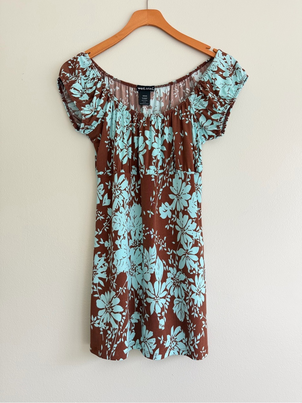Wet Seal Brown Blue Floral Off Shoulder Mini Dress Top NWT Medium